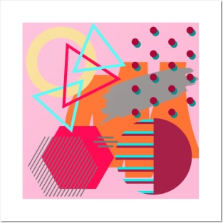 Modern Geometric Pattern Bright Retro Pink Red Doodle Style Posters and Art